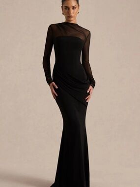 Club L London “Deema” Black Sheer Sleeve Draped Evening Dress